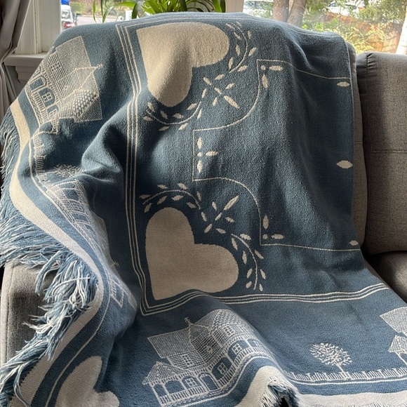Vintage Blue & White Heart Cotton Blanket Reversible Goodwin Weavers Knit - Picture 12 of 13